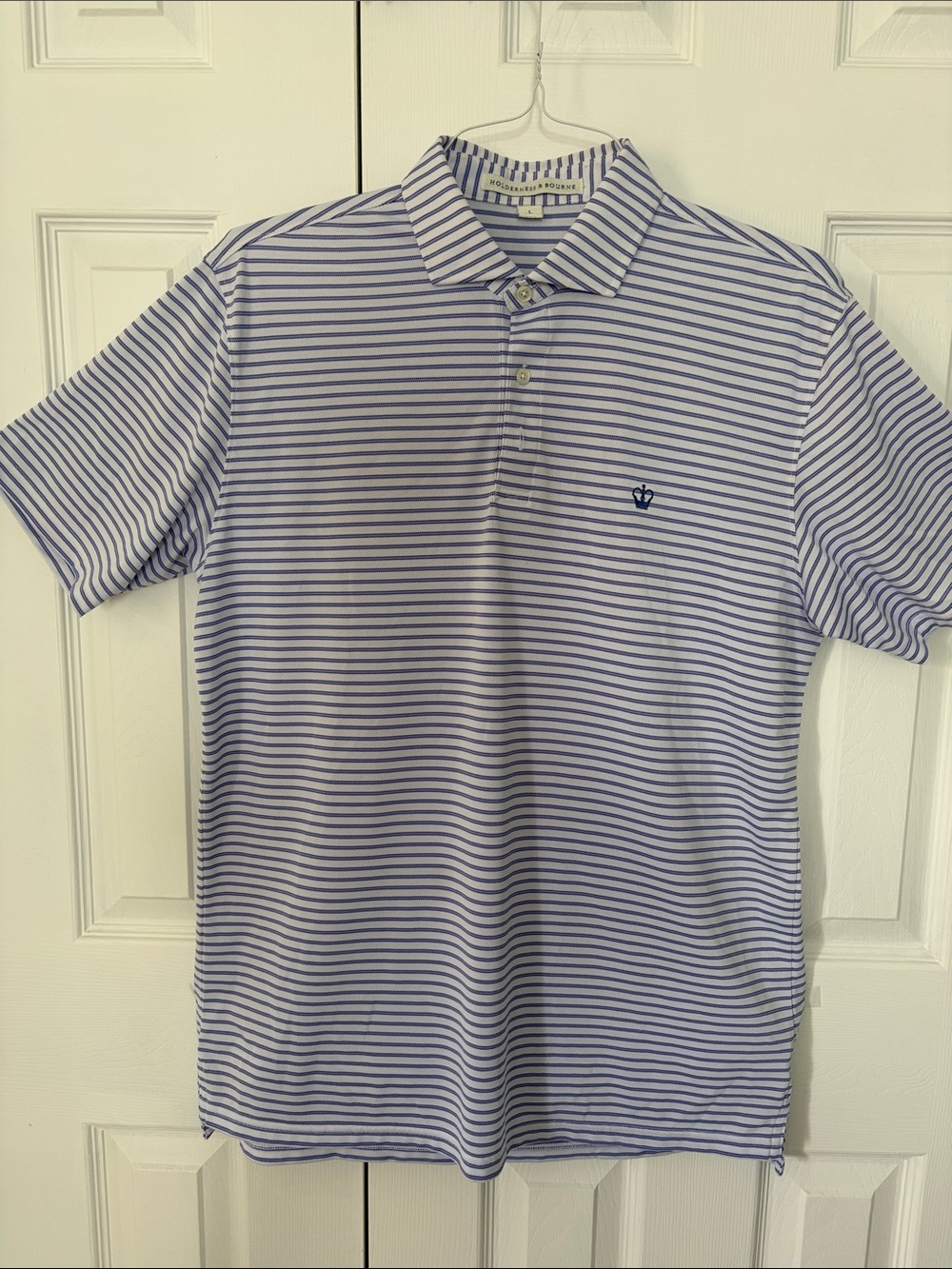 Holderness & Bourne Lightweight Crown-Logo Striped Polo - Blue/White